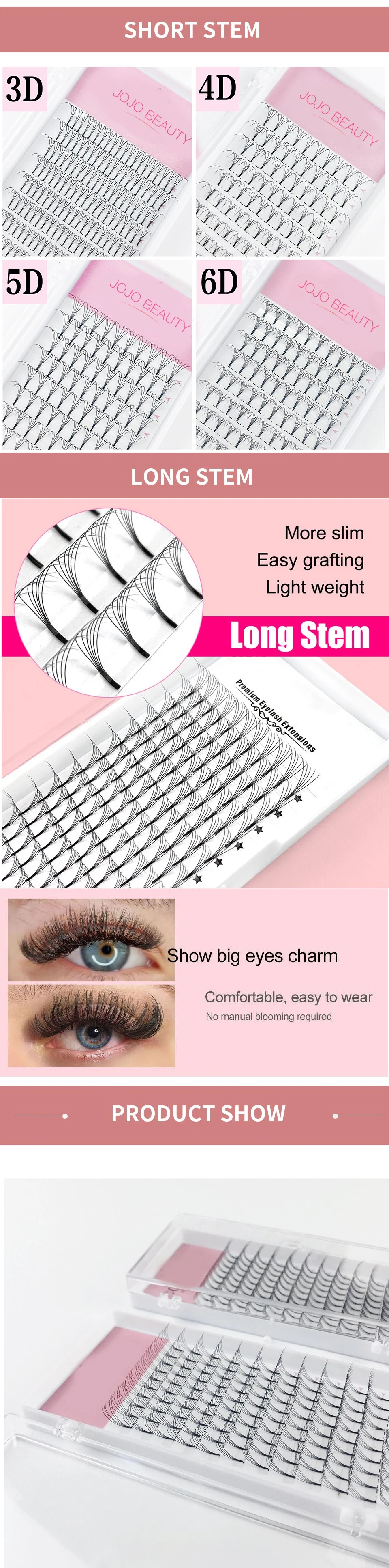 3D-6D Premade Long Stem Volume Fans False Lashes Korea Silk Individual Long Stem Eyelash Extension Handmade Natural Mink Eyelash